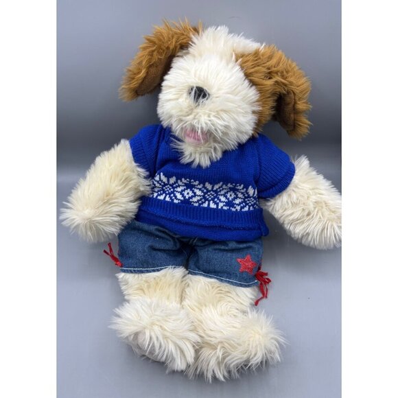 Build A Bear Plush Puppy Dog Toy In Blue Knit Sweater Denim Shorts Fluffy Shaggy - Picture 1 of 4